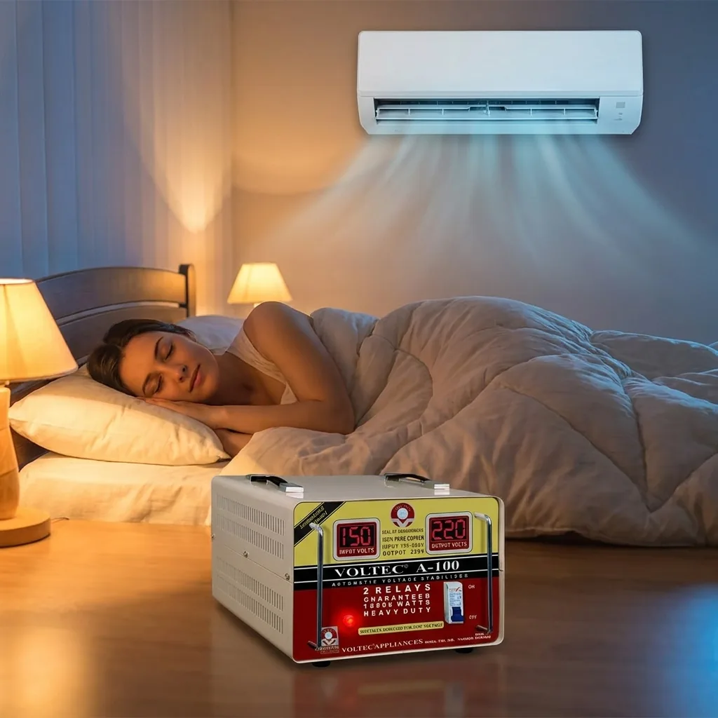 A Voltec AC stabilizer keeping the bedroom AC running through a low-voltage night